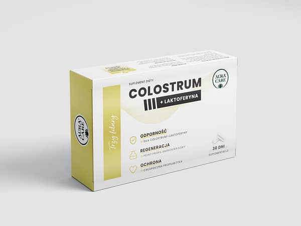 <b>Colostrum + Laktoferyna</b> <br>Odporność, regeneracja, ochrona<br><small>Colostrum Aura Care | 30% immunoglobulin</small>